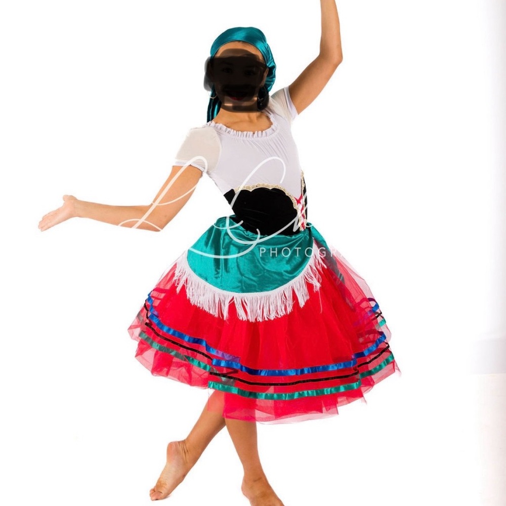 Weissman Tarantella Dance Costume in Red and Teal with Elegant Fringe